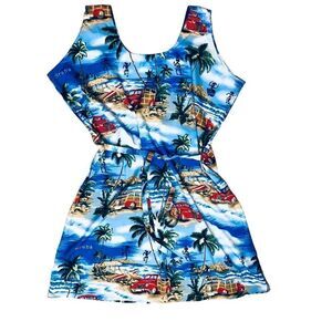 Blue Tropical Print Women's Swim Dress